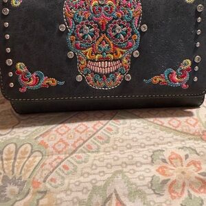 Montana West Black Clutch with Colorful Embroidered Skull